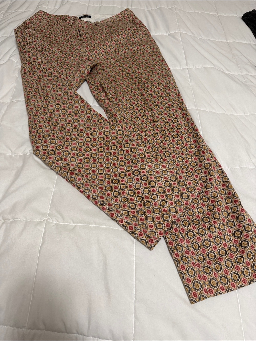 Lands' End Khaki/blue/red print, Straight-Fit Chinos with Navy Lined pockets.